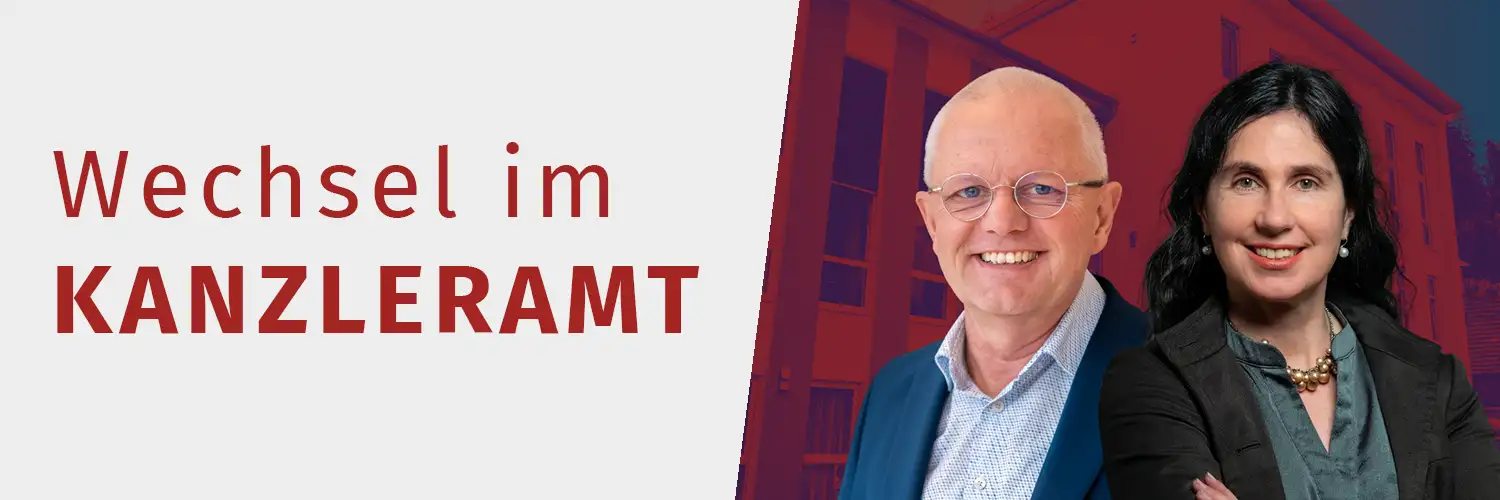 Das Bild enthält Potraitfotos von Thomas Eisinger, Kanzler der vergangenen Jahre und Hanna Reuther, der neuen Kanzlerin der IHL. Daneben steht der Schriftzug "Wechsel im Kanzleramt"